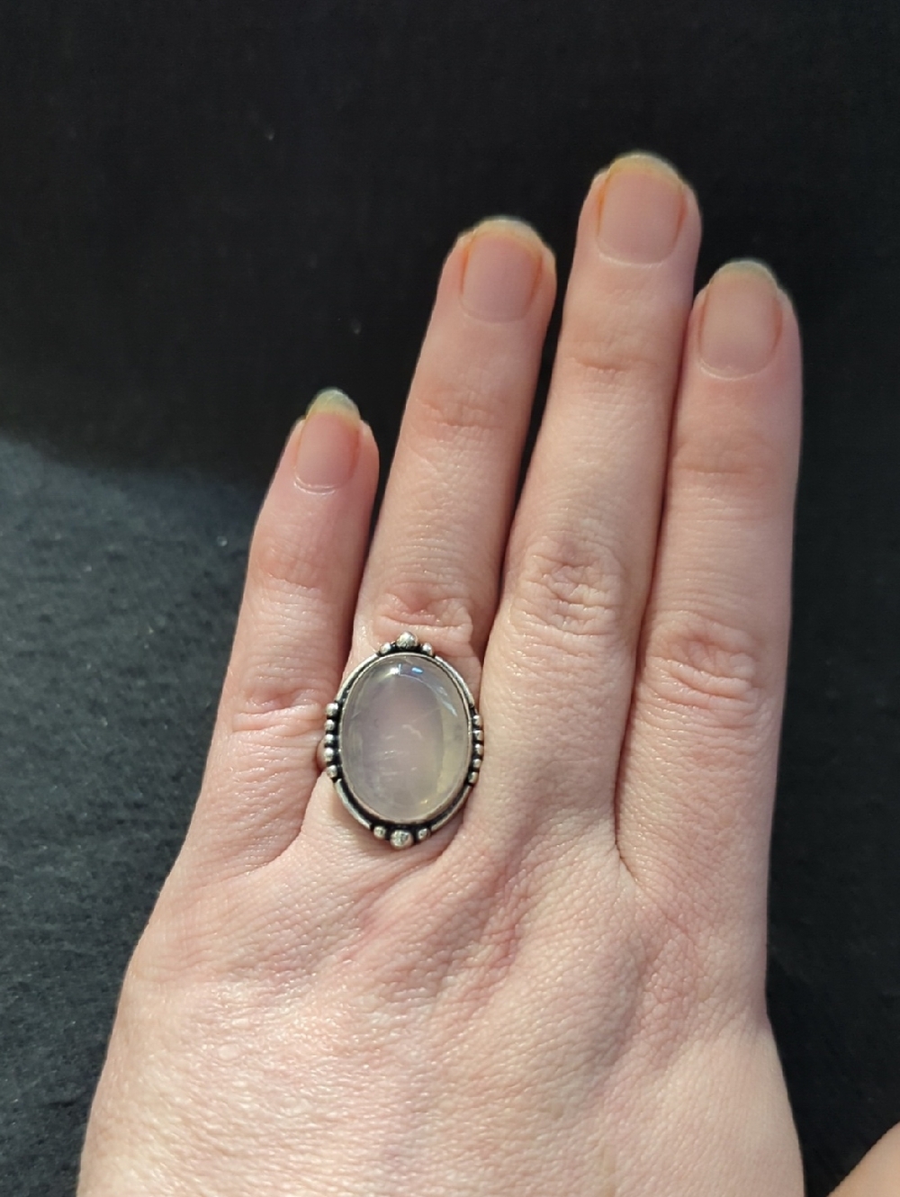 Silver Plated Clear Quartz Gemstone Oval Statement Ring - size 7.5